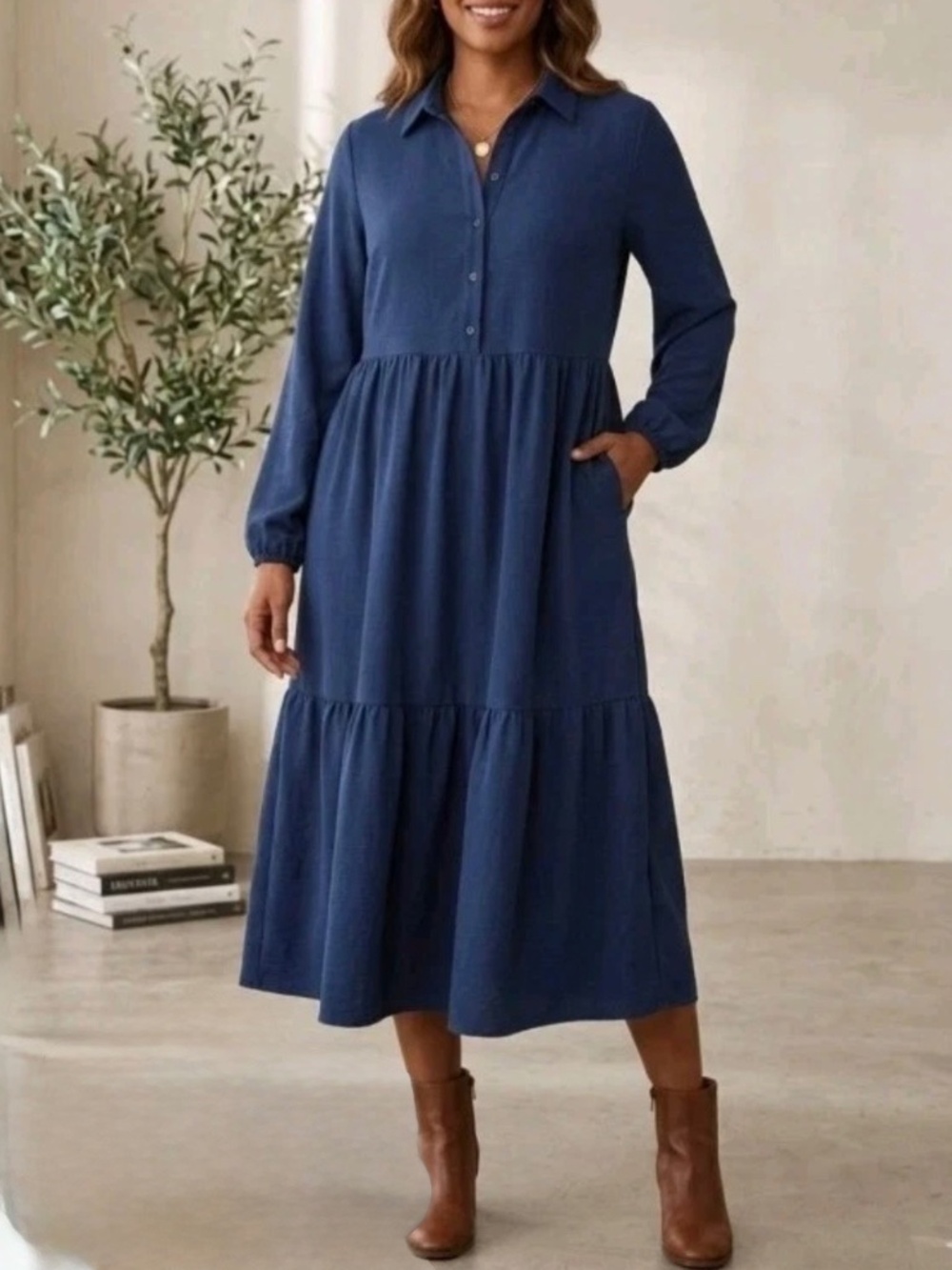 Rachel Zoe Midi Dress Tiered Skirt Navy Blue Long Sleeve Button Bodice Relaxed